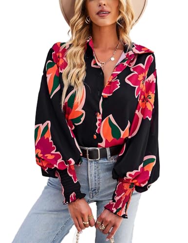HUXRAKV Damen Blusen mit Button down Kragen Langarm Revers Laternenärmel Bedrucktes Blusentop Lose Oberteile Casual Hemd,WD15-Rot 2,S von HUXRAKV
