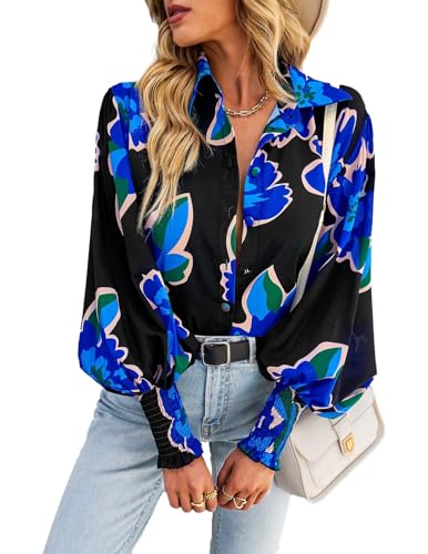 HUXRAKV Damen Blusen mit Button down Kragen Langarm Revers Laternenärmel Bedrucktes Blusentop Lose Oberteile Casual Hemd,WD15-Schwarz 1,S von HUXRAKV