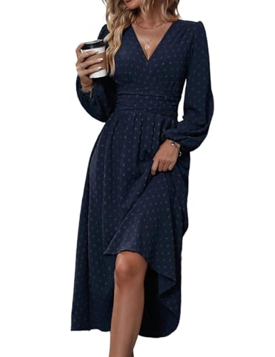 HUXRAKV Damen Elegant Kleid Langarm V-Ausschnitt Freizeitkleider A-Linie Blumenmuster Wickelkleid Herbst Winter Laternenärmeln Kleid Partykleid Abendkleider,37-Marineblau,XL von HUXRAKV