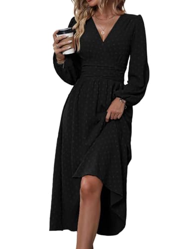 HUXRAKV Damen Elegant Kleid Langarm V-Ausschnitt Freizeitkleider A-Linie Blumenmuster Wickelkleid Herbst Winter Laternenärmeln Kleid Partykleid Abendkleider,37-Schwarz,XL von HUXRAKV