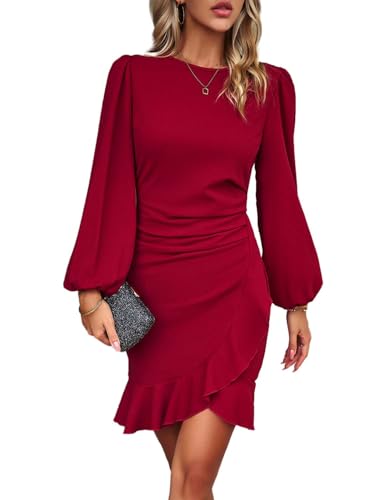 HUXRAKV Damen Elegante Businesskleider Langarm Bodycon Rüschen Puffärmel Einfarbige Abendkleider Vintage Formelles Kleid,WD21-Rot 1,S von HUXRAKV