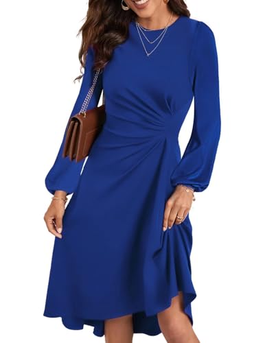 HUXRAKV Damen Elegante Cocktailkleider Langarm Einfarbiges A-Linie Kleid mit Taillenfalten Abendkleider Partykleider Businesskleider,42-Blau,L von HUXRAKV