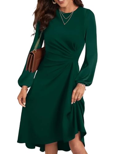 HUXRAKV Damen Elegante Cocktailkleider Langarm Einfarbiges A-Linie Kleid mit Taillenfalten Abendkleider Partykleider Businesskleider,42-Dunkelgrün,M von HUXRAKV