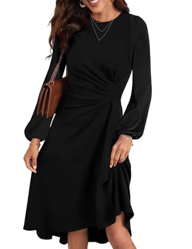 HUXRAKV Damen Elegante Cocktailkleider Langarm Einfarbiges A-Linie Kleid mit Taillenfalten Abendkleider Partykleider Businesskleider,42-Schwarz,L von HUXRAKV