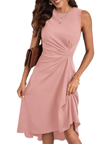 HUXRAKV Damen Elegante Cocktailkleider ärmelloses Einfarbiges A-Linie Kleid mit Taillenfalten Abendkleider Partykleider Businesskleider,27-Rosa,M von HUXRAKV