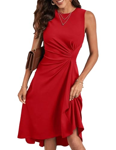 HUXRAKV Damen Elegante Cocktailkleider ärmelloses Einfarbiges A-Linie Kleid mit Taillenfalten Abendkleider Partykleider Businesskleider,27-Rot,L von HUXRAKV