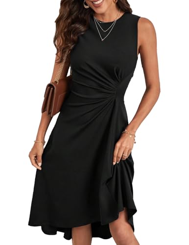 HUXRAKV Damen Elegante Cocktailkleider ärmelloses Einfarbiges A-Linie Kleid mit Taillenfalten Abendkleider Partykleider Businesskleider,27-Schwarz,XL von HUXRAKV
