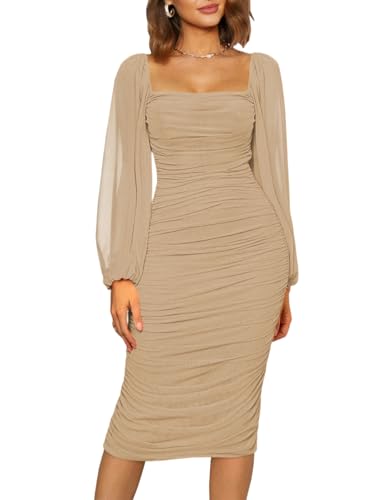 HUXRAKV Damen Langarm Kleider Party Cocktail Club Bodycon Kleid Quadratischer Hals Mesh Festliche Hochzeitsgast Abendkleider Slim Fit,WD46- Aprikose,XL von HUXRAKV