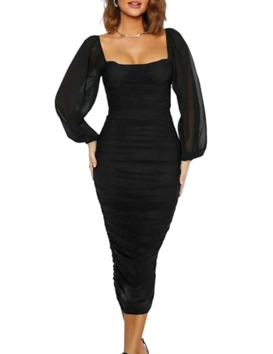 HUXRAKV Damen Langarm Kleider Party Cocktail Club Bodycon Kleid Quadratischer Hals Mesh Festliche Hochzeitsgast Abendkleider Slim Fit,WD46-Schwarz,XL von HUXRAKV