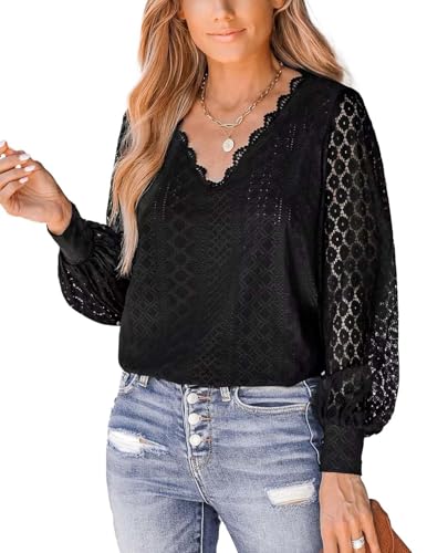 HUXRAKV Damen Langarmshirts Casual V Ausschnitt Spitze Patchwork Frauen Blusen Shirts mit Laternenärmel Business Hemd,B-Schwarz 1,XL von HUXRAKV