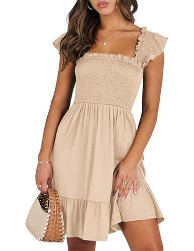 HUXRAKV Damen Sommer Freizeitkleider Ärmellos Rüsche Plissiert Kleider Rückenfrei Gesmoktes Boho Minikleid,29-Beige,L von HUXRAKV