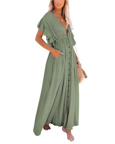 HUXRAKV Damen V Ausschnitt Cover up Bikini Maxi Strandkleid Boho Kimono Lang Strand Cardigan Leichte Strickjacke Beachwear mit Eingrifftaschen,A-Grün,OneSize von HUXRAKV