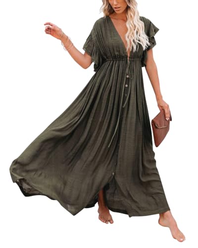 HUXRAKV Damen V Ausschnitt Cover up Bikini Maxi Strandkleid Boho Kimono Lang Strand Cardigan Leichte Strickjacke Beachwear mit Eingrifftaschen,A-Grün 2,OneSize von HUXRAKV