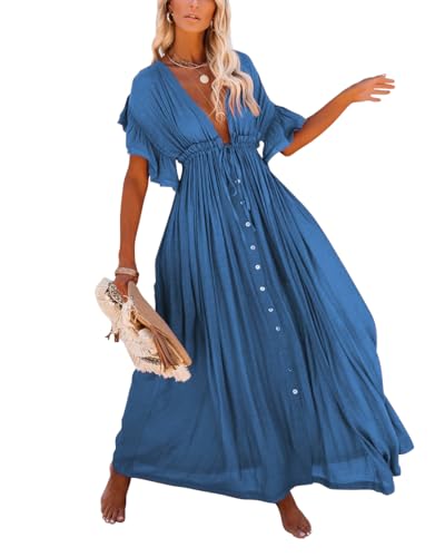 HUXRAKV Damen V Ausschnitt Cover up Bikini Maxi Strandkleid Boho Kimono Lang Strand Cardigan Leichte Strickjacke Beachwear mit Eingrifftaschen,A-Saphirblau,OneSize von HUXRAKV