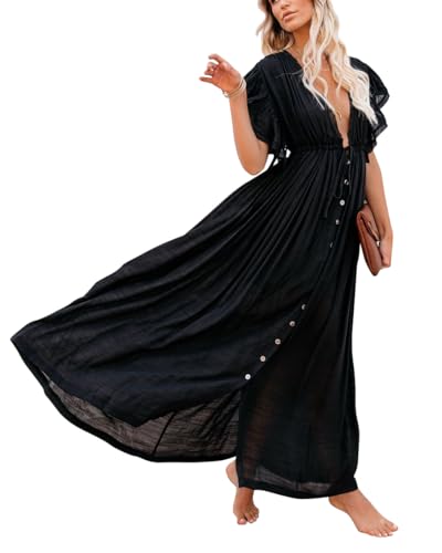 HUXRAKV Damen V Ausschnitt Cover up Bikini Maxi Strandkleid Boho Kimono Lang Strand Cardigan Leichte Strickjacke Beachwear mit Eingrifftaschen,A-Schwarz,OneSize von HUXRAKV