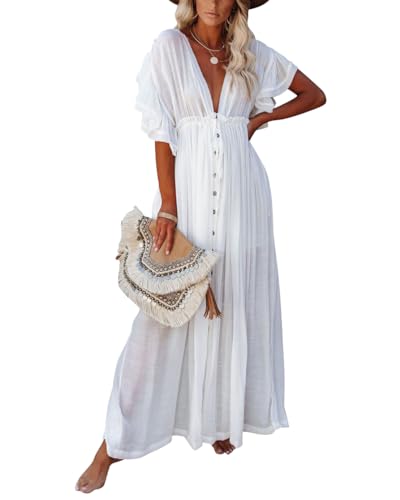 HUXRAKV Damen V Ausschnitt Cover up Bikini Maxi Strandkleid Boho Kimono Lang Strand Cardigan Leichte Strickjacke Beachwear mit Eingrifftaschen,A-Weiß,OneSize von HUXRAKV