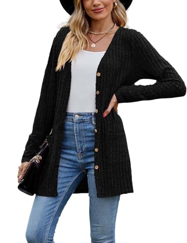 HUXRAKV Lange Strickjacken für Damen Leichte Gebürstete Cardigan Jacke mit Taschen Casual Leichter Mantel für Frauen Herbst,WD18-Schwarz 1,S von HUXRAKV
