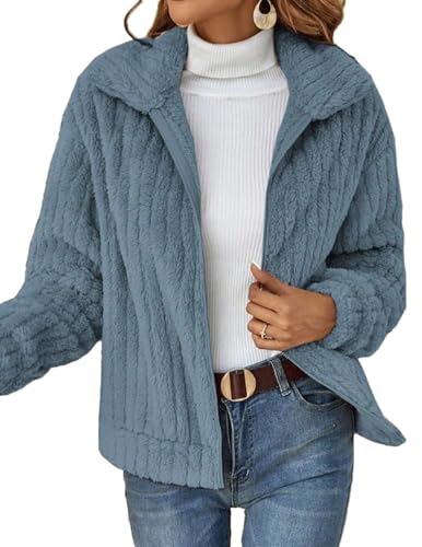 HUXRAKV Mantel Damen Herbst Winterjacke damen Warme PlüSchjacke Wintermantel ReißVerschluss Einfarbig Pelzmantel mit Taschen Revers Jacke,WD20-Blau 1,L von HUXRAKV