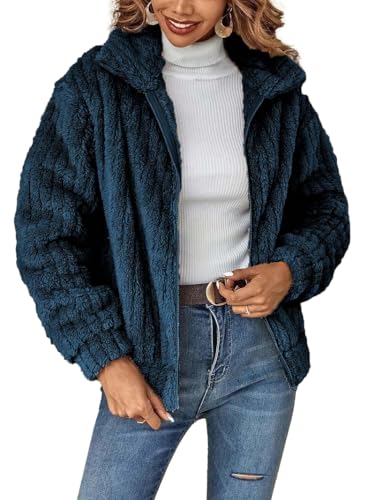 HUXRAKV Mantel Damen Herbst Winterjacke damen Warme PlüSchjacke Wintermantel ReißVerschluss Einfarbig Pelzmantel mit Taschen Revers Jacke,WD20-Blau 2,M von HUXRAKV