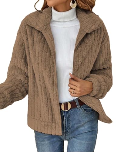 HUXRAKV Mantel Damen Herbst Winterjacke damen Warme PlüSchjacke Wintermantel ReißVerschluss Einfarbig Pelzmantel mit Taschen Revers Jacke,WD20-Khaki 1,M von HUXRAKV