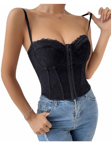 HUXRAKV Mode Damen Vollbrust Corsage Spitzenbustier mit Schnalle Spaghettiträger vorne offen entbeint Stahlring Wrap Bust Ribbed Tank Top Korsett Shapewear Sexy Party Ausgehen Crop Top,A-Schwarz,S von HUXRAKV