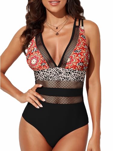 HUXRAKV Neue Einteilig Badeanzüge für Damen Gepolstert Tummy Control Hohe Taille Bedruckt Badebekleidung mit Mesh Monokinis Bademode für Strand Schwimmbad Beachwear Swimsuit,A-Rot 1,XXL von HUXRAKV