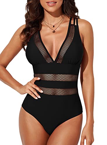 HUXRAKV Neue Einteilig Badeanzüge für Damen Gepolstert Tummy Control Hohe Taille Bedruckt Badebekleidung mit Mesh Monokinis Bademode für Strand Schwimmbad Beachwear Swimsuit,A-Schwarz,M von HUXRAKV