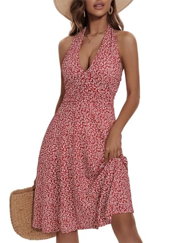 HUXRAKV Sommerkleide Damen V-Ausschnitt Ärmelloses Kleider Midi Blumenmuster Neckholder Freizeitkleider mit Taschen,35-Rot,XL von HUXRAKV