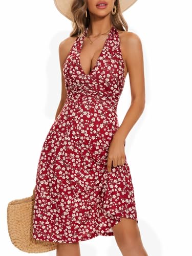 HUXRAKV Sommerkleide Damen V-Ausschnitt Ärmelloses Kleider Midi Blumenmuster Neckholder Freizeitkleider mit Taschen,35-Rot 2,L von HUXRAKV