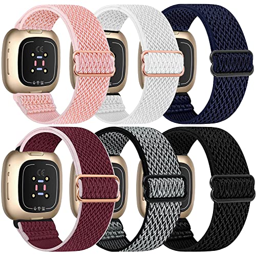 Elastische Nylonbänder, 6 Packungen, kompatibel mit Fitbit Versa 3/Fitbit Sense, verstellbare Nylon-Ersatzbänder für Fitbit Versa-Smartwatch, für Damen und Herren, Ohne Edelstein von HUYIIO
