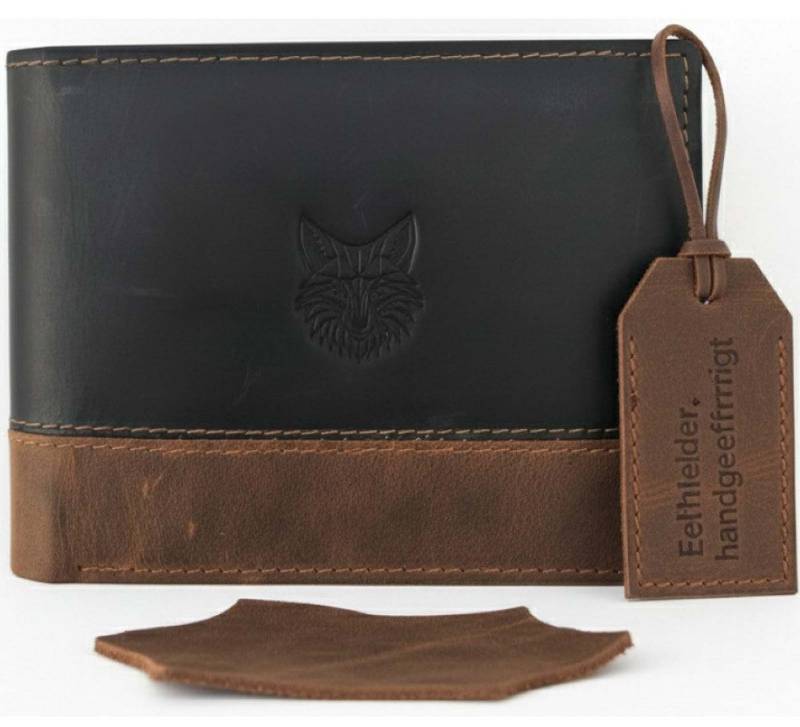 HUZK Geldbörse "Hunter Duo" Geldbeutel Männer Herren Portemonnaie (Hand-Made / Handgefertigt in elegantem Design mit RFID Schutz), 100% Echtleder, Schwarz-Braun 12 Kartenfächer mit Münzfach von HUZK