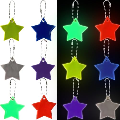 12er Pack Stern Sicherheitsreflektor mit Ketten, Sicherheits Reflektor Anhänger,Kinder Reflektor Anhänger,für Puppensitze Rucksack Handtasche Jacken Rollstuhl Gehen Laufen Mitgebsel von HUZNA