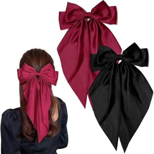 2 Stück Haarschleifen Clips,Haarspangen mit großer Schleife und langem seidigem Satin, Accessoires für Mädchen Frauen,Schlichtes Accessoire für Damen und Mädchen,Schwarz+Burgund von HUZNA