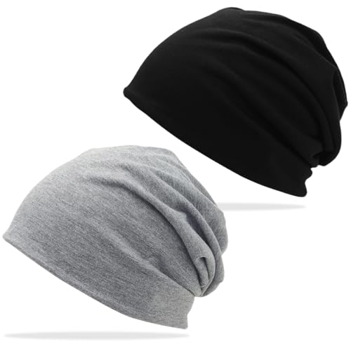 2 Stück Mütze Herren Damen,Leichte Slouch Beanie Damen,multifunktionale leichte Running Beanie-Mützen,Leichte Dünne Mütze, für Frühling Herbst und Winter,Schwarz + Grau von HUZNA