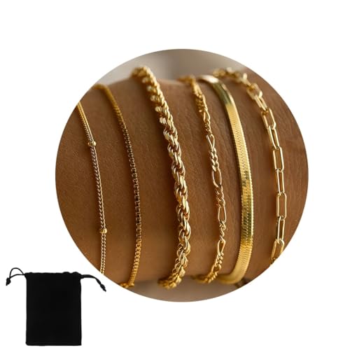 6 Pcs Gold Armbänder Armband Damen, Armband Damen Edelstahl Ketten,Cubic Zirkonia Gold Armband Damen,ergoldet Armbander Twist Schlange Armkette Damen,Modeschmuck Für Damen Mädchen von HUZNA