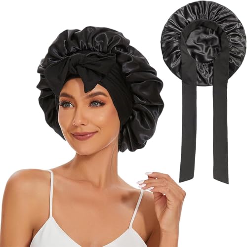 Seidenhaube zum Schlafen,Verstellbare Seidenhaube, Silk Bonnet, Doppelseitig Satin Seidenhaube, Satin Haube Schlafen,Haarhaube für Damen und Mädchen,Schwarz von HUZNA