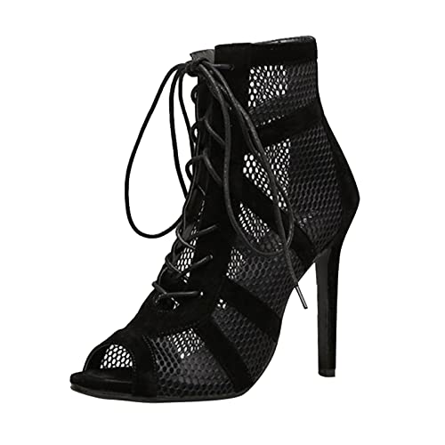 Heels Dance Class Bootie Sandalen, High Heels Pumps Sexy Schwarz Mesh Stiletto High Heels Schnüren Sandalen mit Fischmaul Tanzschuhe Mode Sandaletten Pole Dance Schuhe High Heels Stiefeletten von HUyydza