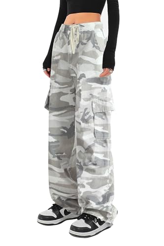 HVEPUO Camouflage Hose Damen Cargohose Cargo Jeans Casual Trousers Flecktarn Hose Grau L von HVEPUO