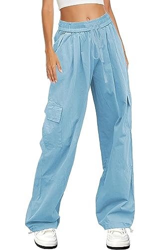 HVEPUO Cargo Hosen Frauen Damen Cargohosen Damen Parachute Pants Women Hosen Mit Gummizug Mit Seitentaschen Harajuku Hose Streetwear Elastische Taille Hose Mit Taschen Blau L von HVEPUO