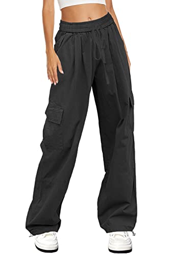 HVEPUO Cargohose Damen Schwarze Hose Kargo Hosen Frauen Baggy Pants Cargo Hose Y2k Wide Leg Harajuku Hose Schwarz L von HVEPUO