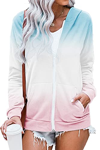 HVEPUO Damen Full Zip Hoodie Kordel V Ausschnitt Damen 2021 Casual Lockere Bunt Hoody Reißverschluß Kapuze Für Teenager Sweatjacke Frauen Kapuzensweatjacke Kuschel Jacke Clothing Hellpink Hellblau XXL von HVEPUO