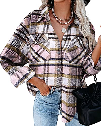 HVEPUO Damen Hemd Kariert Jacke Hemdjacke Knöpfen Langarm Bluse College Y2K Oberteile Karo Shacket Mantel Flanellhemd Frauen Holzfällerjacke Mit Brusttaschen Rosa L von HVEPUO