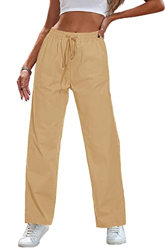 HVEPUO Damen Hosen Sommer Elegante Hose Mit Gummizug Damen Pants Khaki Hose Khaki M von HVEPUO