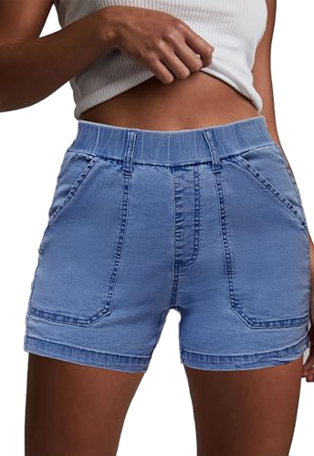 HVEPUO Damen-Jeans-Shorts, hohe Taille, Sommer, Baumwolle, dehnbar, lässig, zum Hineinschlüpfen, Denim-Shorts mit Taschen, Dunkelblau, Mittel von HVEPUO