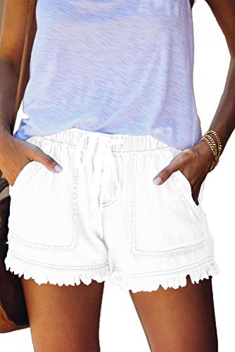 HVEPUO Damen Jeansshorts High Waist Kurze Hosen aus Denim für den Damen Sommer Denim Kurze Hose Basic Jeans Bermuda-Shorts mit Quast Weiß L von HVEPUO