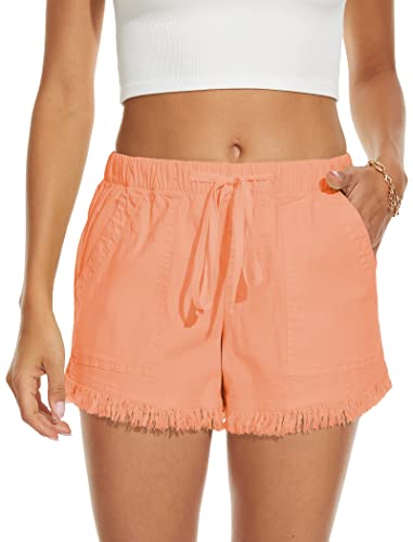 HVEPUO Damen Koralle Shorts Sommer Casual Lose mit Taschen Damen Drawstring Kurze Hose Orange L von HVEPUO