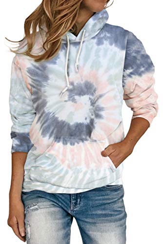 HVEPUO Damen Langarm Buntes Hoodie College Tie Dye Jumper Batik Pullover Locker Mit Kordelzug Taschen Sweatshirt Mode Aesthetic Womens Top Vintage Clothes Hemd Blau S von HVEPUO