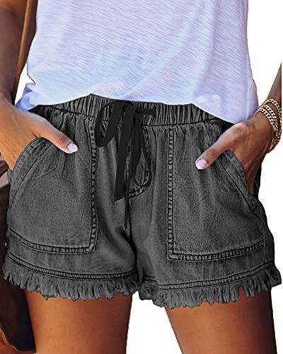 HVEPUO Damen Mittlerer Aufstieg Denim Kurze Hose Lässige gebrochene Kante Used Look Blue Quaste Jeans Shorts Kurze Grau L von HVEPUO