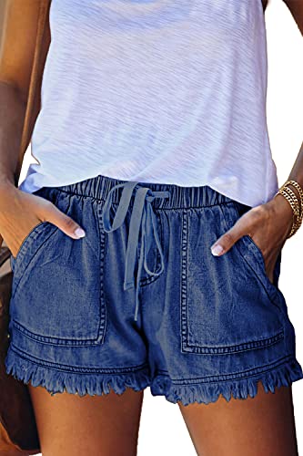 HVEPUO Damen Mittlerer Aufstieg Denim Kurze Hose Lässige gebrochene Kante Used Look Blue Quaste Jeans Shorts Kurze Navy blau L von HVEPUO