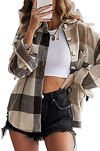 HVEPUO Damen Shacket Bluse Elegant Karohemd Holzfällerhemd Holzfäller Jacke Hemdjacke Kariert Herbst Mode Hemden Khaki L von HVEPUO